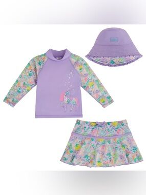 NWT UV Skinz Girl’s 3-piece Swim Set UPF 50+ Purple Unicorn Size 2T